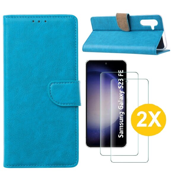 Ntech Hoesje Geschikt Voor Samsung Galaxy S23 FE hoesje bookcase Blauw Met screenprotector / 2X Beschermglas