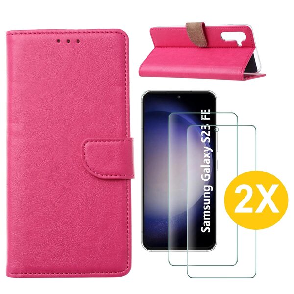 Ntech Hoesje Geschikt Voor Samsung Galaxy S23 FE hoesje bookcase Pink Met screenprotector / 2X Beschermglas