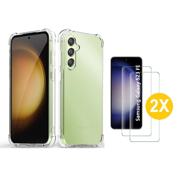 Ntech Hoesje Geschikt Voor Samsung Galaxy S23 FE Hoesje transparant Anti Shock silicone hoesje - Met Screenprotector Glazen 2 pack