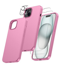 Ntech iPhone 15 hoesje Silicone case Licht Roze & Met 2X Glazen