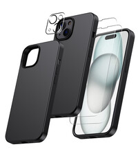 Ntech iPhone 15 hoesje Silicone case Zwart & Met 2X Glazen Screenprotector