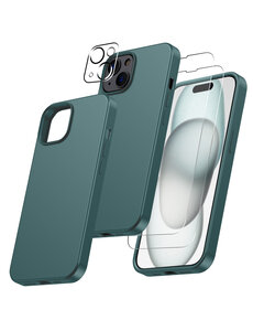 Ntech iPhone 15 hoesje Silicone case Pine Groen & Met 2X Glazen