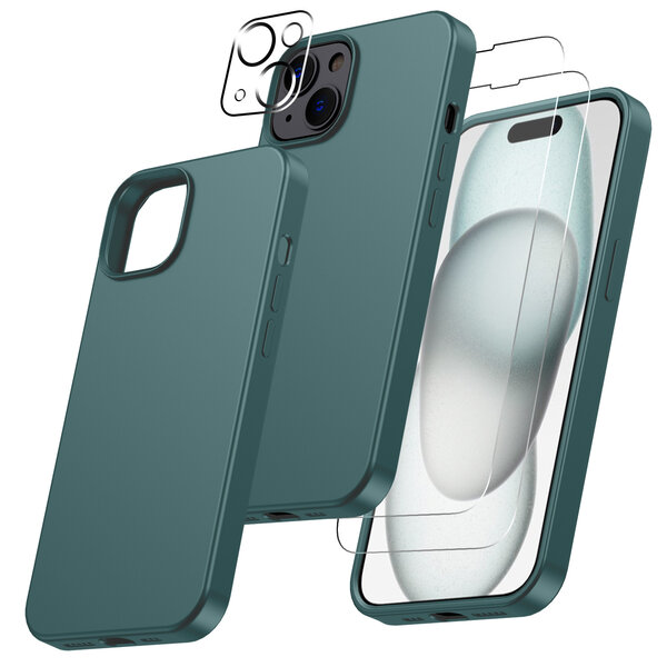Ntech Hoesje Geschikt voor iPhone 15 – Zacht siliconen liquid backcover met 2x screenprotector gehard glas en 1x lens protector – Pine Groen