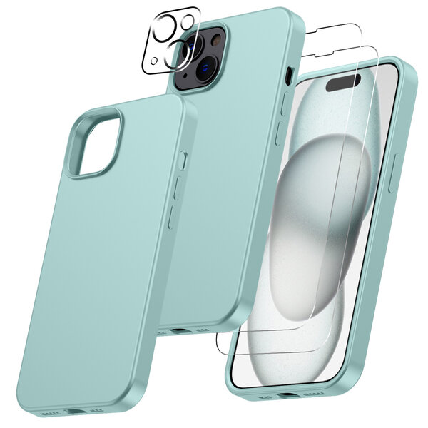 Ntech Hoesje Geschikt voor iPhone 15 – Zacht siliconen liquid backcover met 2x screenprotector gehard glas en 1x lens protector – Mint Groen