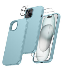 Ntech iPhone 15 Plus hoesje Silicone case Licht Blauw & Met 2X Glazen