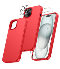 Ntech iPhone 15 Plus hoesje Silicone case Rood & Met 2X Glazen