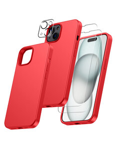 Ntech iPhone 15 Plus hoesje Silicone case Rood & Met 2X Glazen