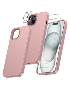 Ntech iPhone 15 Plus hoesje Silicone case Pink Sand & Met 2X Glazen