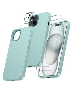 Ntech iPhone 15 Plus hoesje Silicone case Mint Groen & Met 2X Glazen