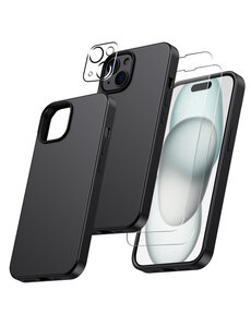 Ntech iPhone 15 Plus hoesje Silicone case Zwart & Met 2X Glazen