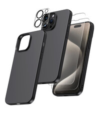 Ntech iPhone 15 Pro hoesje Silicone case Zwart & Met 2X Glazen