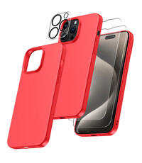 Ntech iPhone 15 Pro hoesje Silicone case Rood & Met 2X Glazen