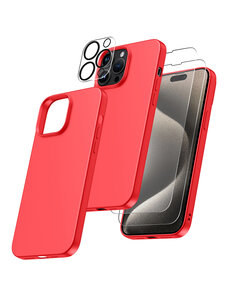 Ntech iPhone 15 Pro hoesje Silicone case Rood & Met 2X Glazen