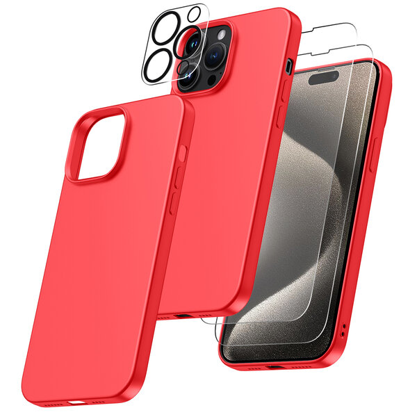 Ntech Hoesje Geschikt voor iPhone 15 Pro – Zacht siliconen liquid backcover met 2x screenprotector gehard glas en 1x lens protector – Rood