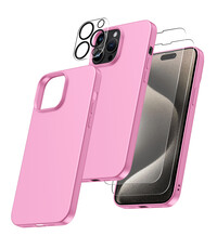 Ntech iPhone 15 Pro hoesje Silicone case Licht Roze & Met 2X Glazen