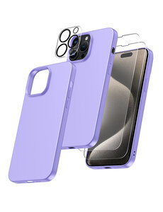 Ntech iPhone 15 Pro Max hoesje Silicone case Lila & Met 2X Glazen