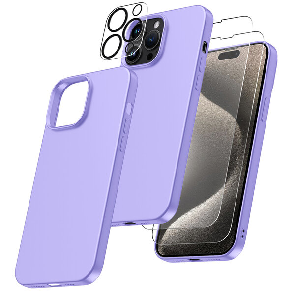 Ntech Hoesje Geschikt voor iPhone 15 Pro Max – Zacht siliconen liquid backcover met 2x screenprotector gehard glas en 1x lens protector – Lila