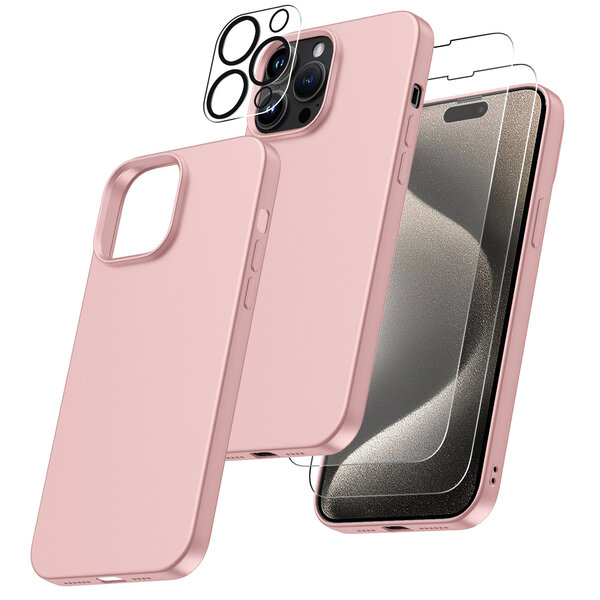 Ntech Hoesje Geschikt voor iPhone 15 Pro Max – Zacht siliconen liquid backcover met 2x screenprotector gehard glas en 1x lens protector – Pink Zand