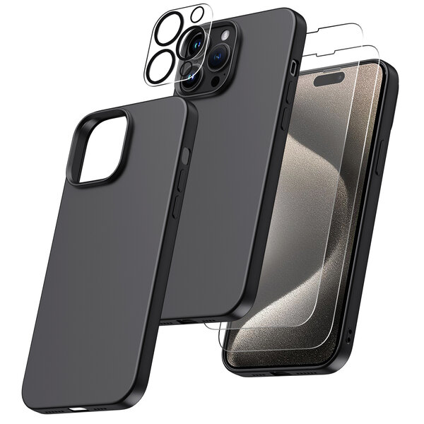 Ntech Hoesje Geschikt voor iPhone 15 Pro Max – Zacht siliconen liquid backcover met 2x screenprotector gehard glas en 1x lens protector – Zwart