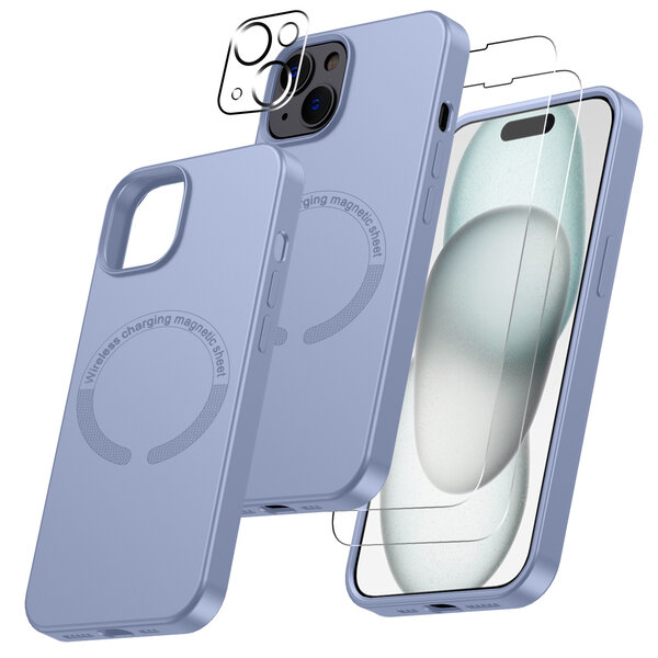 Ntech Hoesje Geschikt voor iPhone 15 Silicone backcover met Magnetisch Ring incl 2x gehard glazen screenprotector & 1x cameraLens protector – Licht Blauw