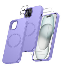 Ntech iPhone 15 hoesje Silicone case met Magsafe Lila  & 2X Glazen