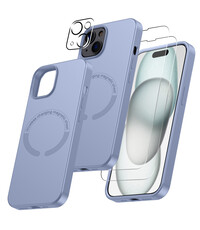 Ntech iPhone 15 Plus hoesje Silicone case met Magsafe Licht Blauw & 2X Glazen