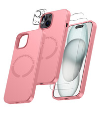Ntech iPhone 15 Plus hoesje Silicone case met Magsafe Licht Roze & 2X Glazen