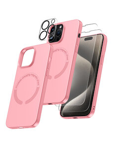 Ntech iPhone 15 Pro hoesje Silicone case met Magsafe Licht Roze  & 2X Glazen