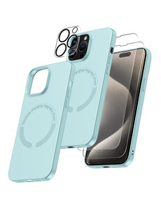 Ntech iPhone 15 Pro hoesje Silicone case met Magsafe Mint Groen & 2X Glazen