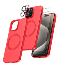 Ntech iPhone 15 Pro hoesje Silicone case met Magsafe Rood & 2X Glazen
