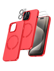 Ntech iPhone 15 Pro hoesje Silicone case met Magsafe Rood & 2X Glazen