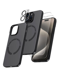Ntech iPhone 15 Pro Max hoesje Silicone case met Magsafe Zwart & 2X Glazen