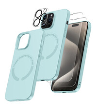 Ntech iPhone 15 Pro Max hoesje Silicone case met Magsafe Mint Groen & 2X Glazen