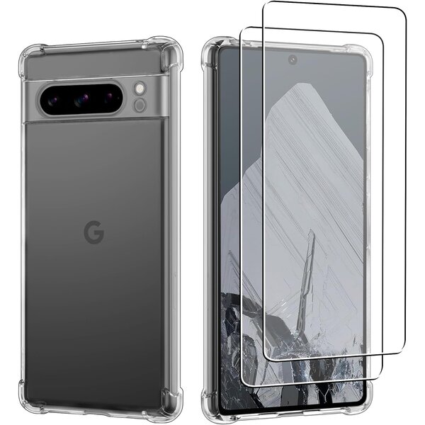Ntech Geschikt voor Google Pixel 8 Pro Hoesje transparant Anti Shock silicone hoesje - Geschikt voor Google Pixel 8 Pro Screenprotector Glazen 2 pack