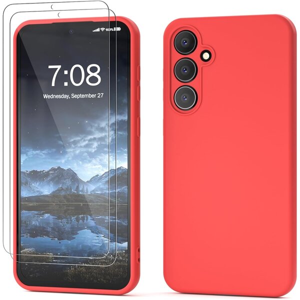 Ntech Hoesje Geschikt Voor Samsung Galaxy S23 FE Hoesje siliconen Rood zacht siliconen hoesje TPU backcover - Met Screenprotector - 2 stuks