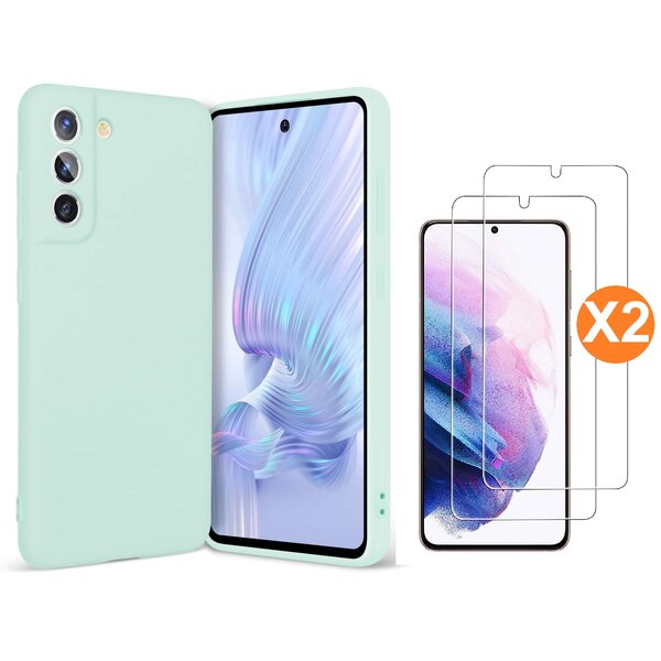 Ntech Hoesje Geschikt Voor Samsung Galaxy S21 FE Hoesje siliconen Mint Groen zacht siliconen hoesje TPU backcover - Met Screenprotector - 2 stuks
