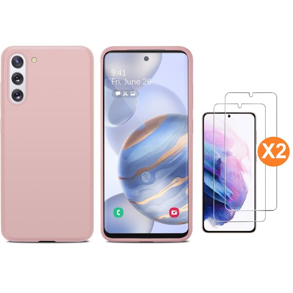 Ntech Hoesje Geschikt Voor Samsung Galaxy S21 FE Hoesje siliconen Pink Sand zacht siliconen hoesje TPU backcover - Met Screenprotector - 2 stuks