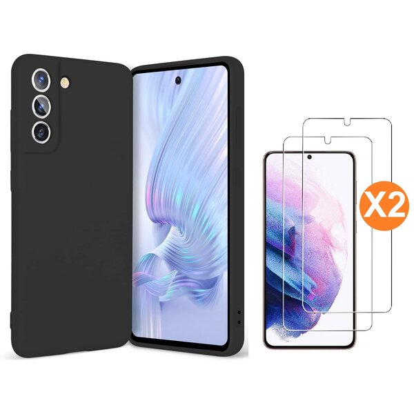 Ntech Hoesje Geschikt Voor Samsung Galaxy S21 FE Hoesje siliconen Zwart zacht siliconen hoesje TPU backcover - Met Screenprotector - 2 stuks