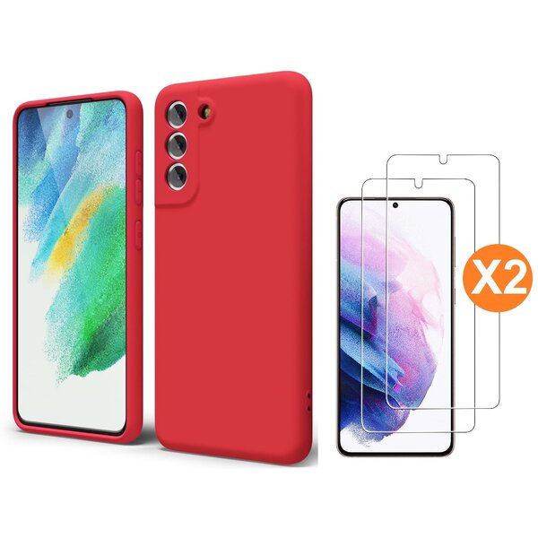 Ntech Hoesje Geschikt Voor Samsung Galaxy S21 FE Hoesje siliconen Rood zacht siliconen hoesje TPU backcover - Met Screenprotector - 2 stuks