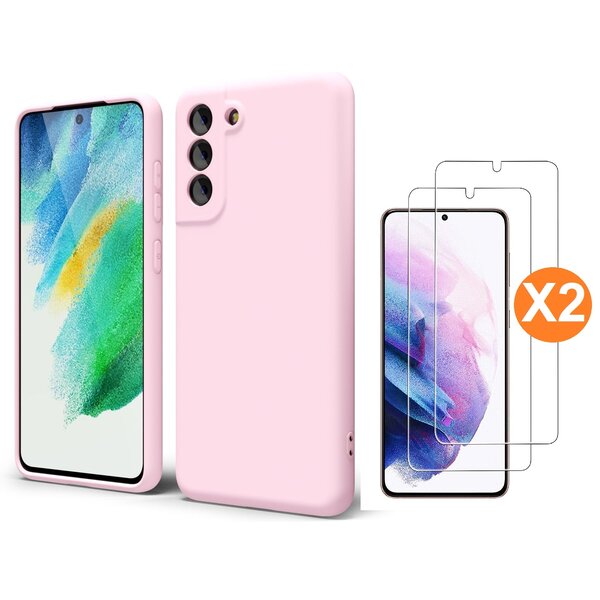 Ntech Hoesje Geschikt Voor Samsung Galaxy S21 FE Hoesje siliconen Licht Roze zacht siliconen hoesje TPU backcover - Met Screenprotector - 2 stuks