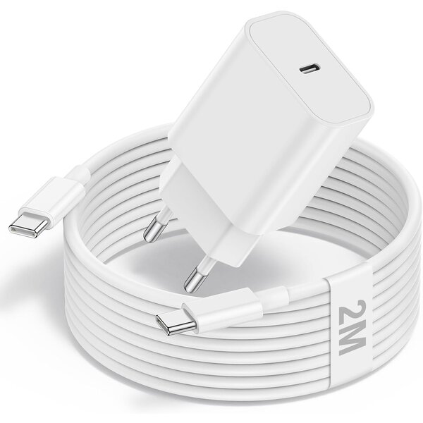 Ntech USB C Adapter - snellader - 20W - Met type USB C naar Type USB C Kabel - 2M - Wit