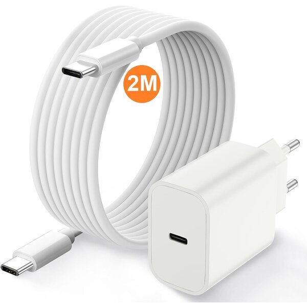 Ntech  USB C Adapter 20W snellader met (2m) USB C naar USB C kabel Geschikt voor Samsung  A56 / A36 / A26 /S25 Ultra / S25 Edge / A17 / A16 / A25 / A34 / A35 /A53 / A54 / A55 / S22 / S23 / S23 FE / S24 / S24 Ultra / S24fe / iPhone 15/ 16 / 16 pro