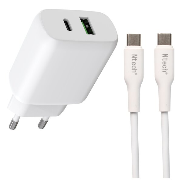 Ntech USB C Adapter + USB C kabel - USB C Adapter 2 Poorten voor Geschikt voor iPhone 15 Snellader Samsung Oplader - USB Adapter USB C - USB C Oplader - USB Lader - USB C naar USB C Kabel