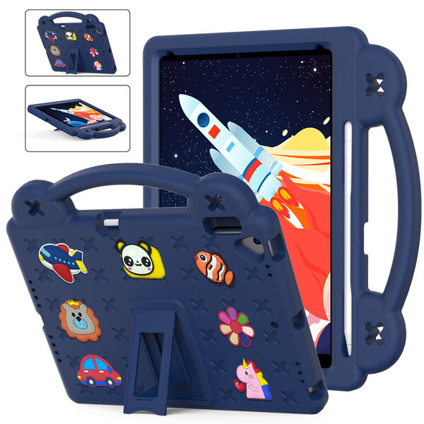 Ntech Hoes geschikt voor iPad 9e/8e/7e Generatie Kinderen Donker Blauw - Kidsproof Backcover met handvat - Hoes geschikt voor iPad 2021 - Hoes geschikt voor iPad 9/8/7 Hoes Kinderen -Kindertablet