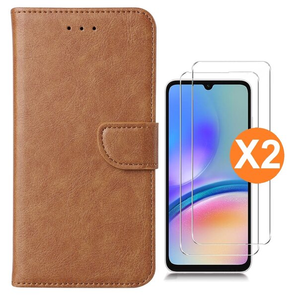 Ntech Hoesje geschikt voor Samsung Galaxy A05 bookcase Bruin - Met screenprotector tempered glass Galaxy A05 - 2x