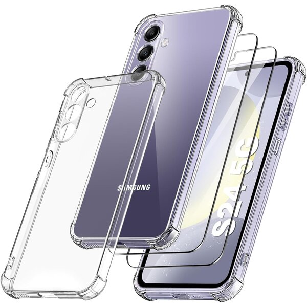 Ntech Hoesje geschikt voor Samsung Galaxy S24 Hoesje transparant - Anti Shock silicone hoesje Galaxy S24 case met 2 Pack Screenprotector tempered glass voor Samsung S24