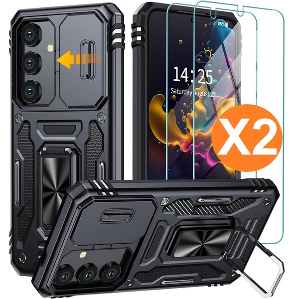 Ntech Hoesje Geschikt voor Samsung Galaxy S24 hoesje backcover Zwart met Met Draaibare Ring Houder en camera bescherming - Galaxy S24 Screenprotector - 2 stuks