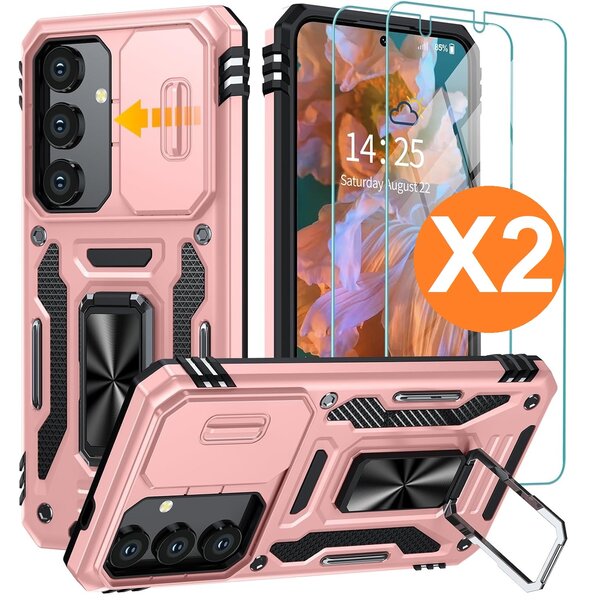 Ntech Hoesje Geschikt voor Samsung Galaxy S24 hoesje backcover Rose Goud met Met Draaibare Ring Houder en camera bescherming - Galaxy S24 Screenprotector - 2 stuks