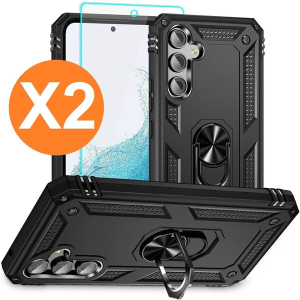 Ntech Hoesje Geschikt voor Samsung A05s Hoesje Zwart Anti-Shock Hybrid Armor hoesje  Met Draaibare Ring Houder - Samsung Galaxy A05s Screenprotector 2 pack