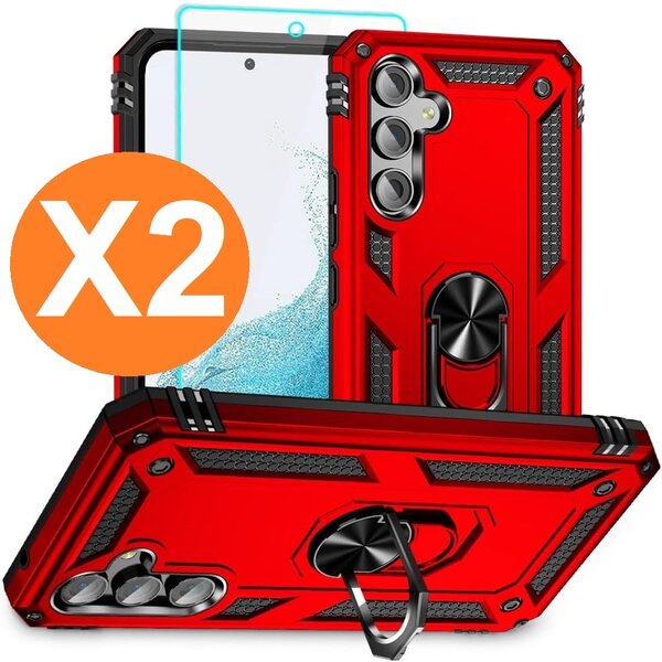 Ntech Hoesje Geschikt voor Samsung A05s Hoesje Rood Anti-Shock Hybrid Armor hoesje  Met Draaibare Ring Houder - Samsung Galaxy A05s Screenprotector 2 pack